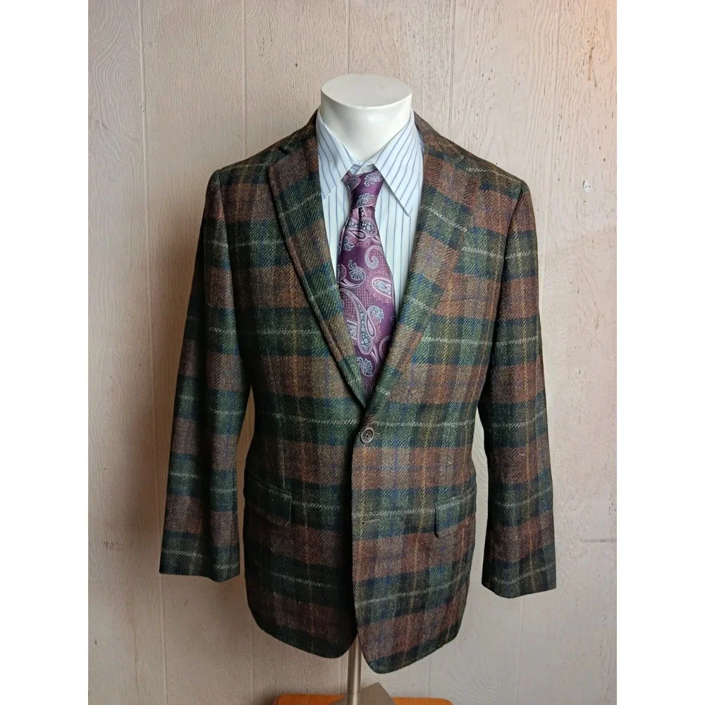 Brooks Brothers Fitzgerald Tweed Blazer Mens 38 S Plaid Wool Elbow Patches